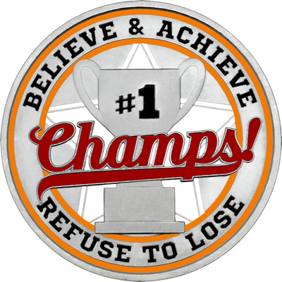 Maroon "Champs!" with Orange Outer Circular Borders
